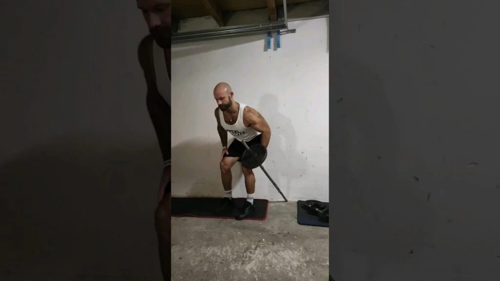 Rowing landmine court à un bras (one arm short grip landmine row)