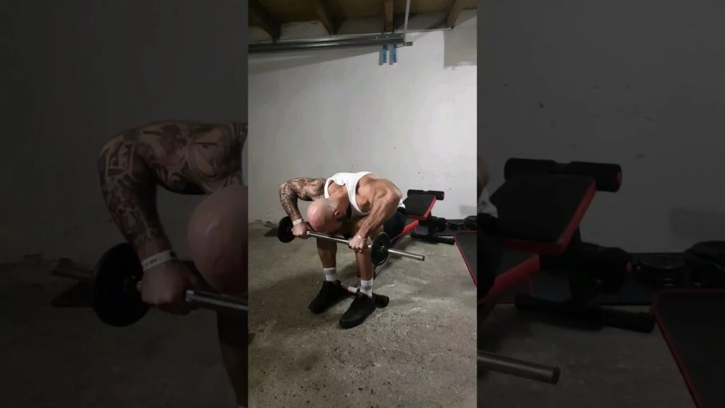 Rowing épaule au front assis buste penché barre (seated forehead barbell shoulder row)