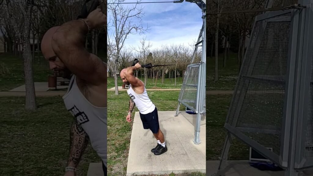 Extension triceps derrière la tête TRX haut prise neutre à un bras (one arm neutral grip overhead high TRX triceps extension)